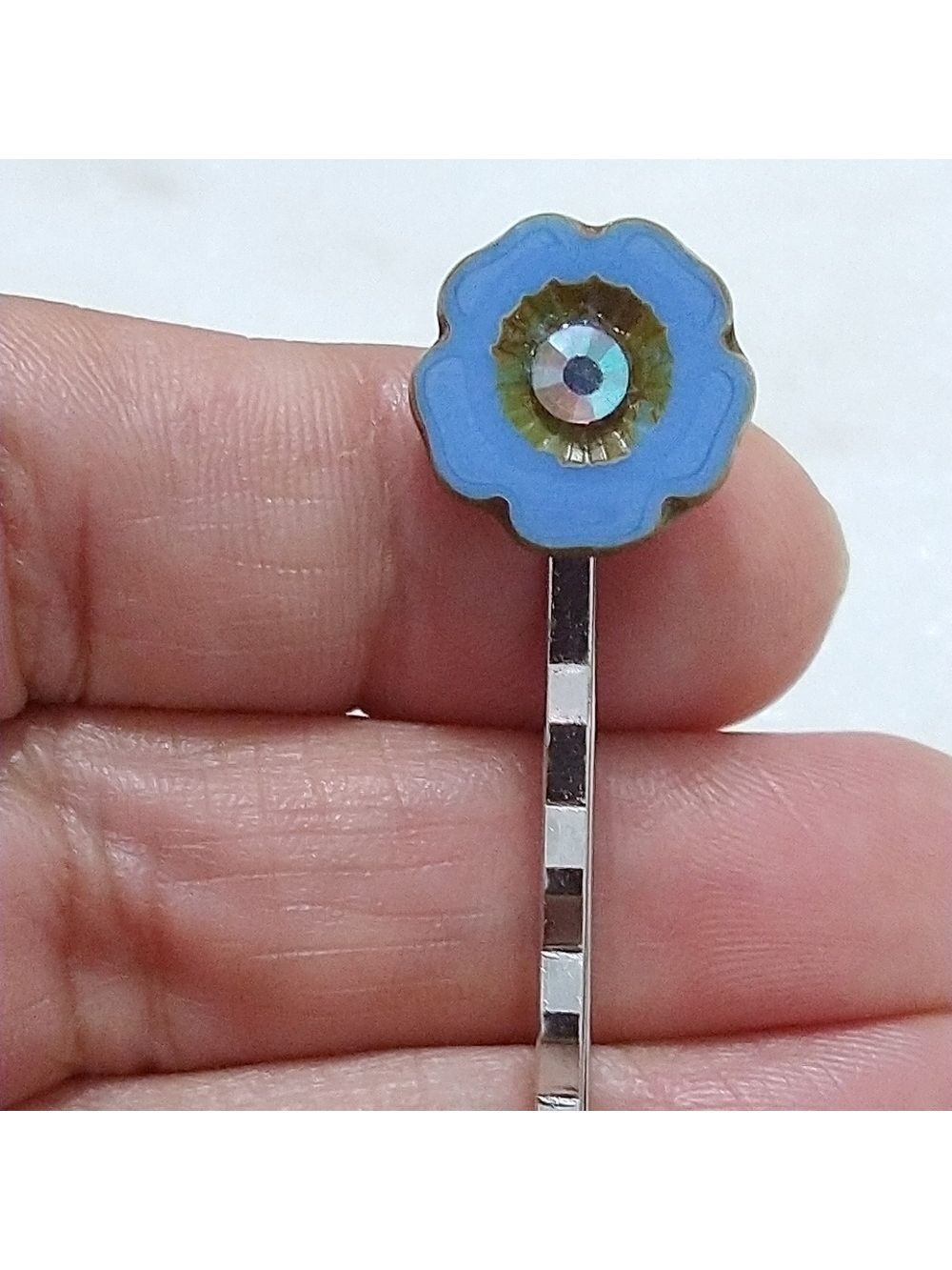 Floral Boho Rhinestone Czech Glass Blue Bead Hair Pin Set - Picture 5 of 8